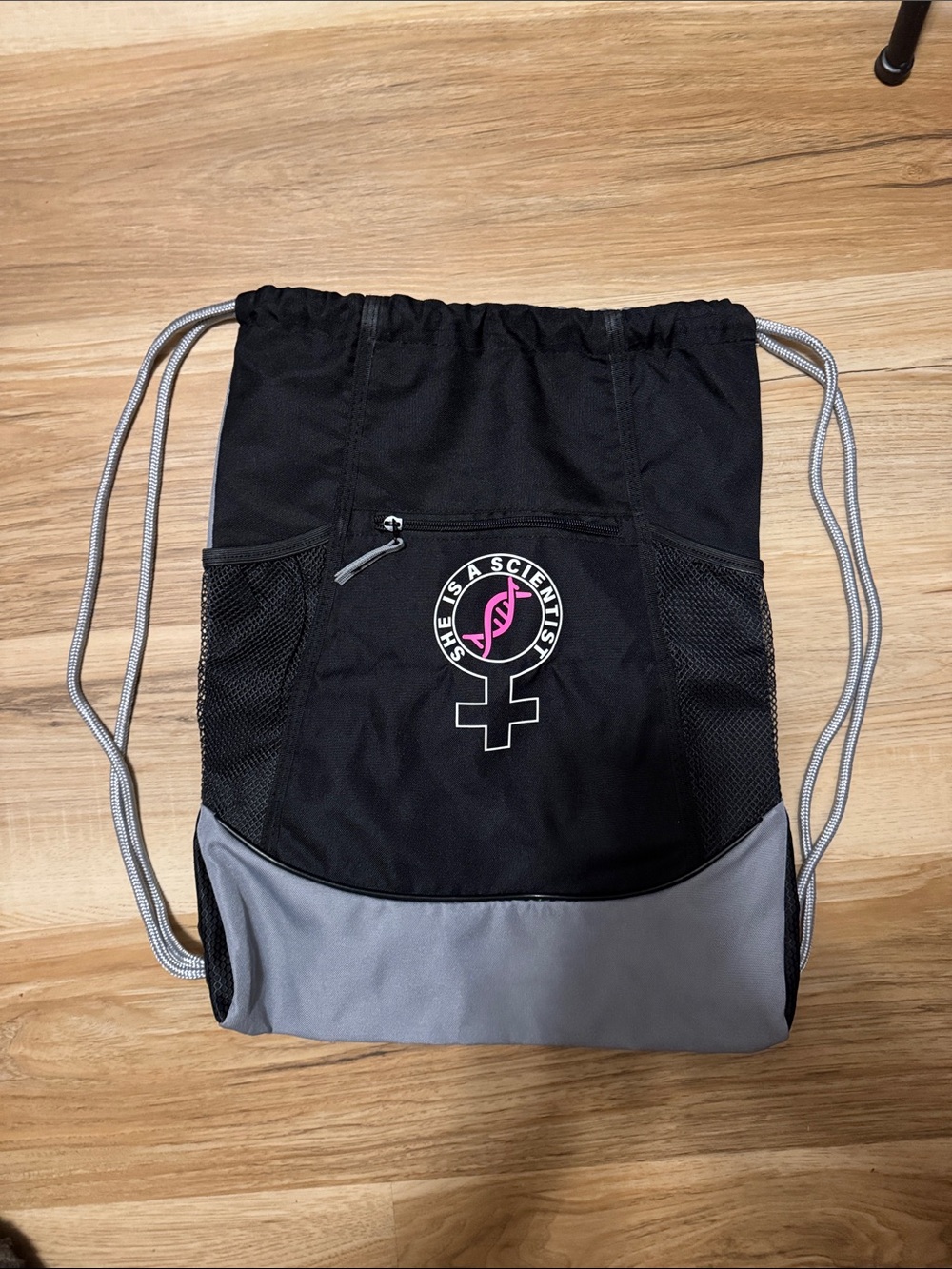She Is A Scientist Black & Gray Drawstring Backpack